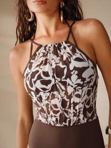 Anewsta 25SS 时尚精致优雅成熟高端花卉印花露背高腰比基尼套装 - 綠色 - 查看 3