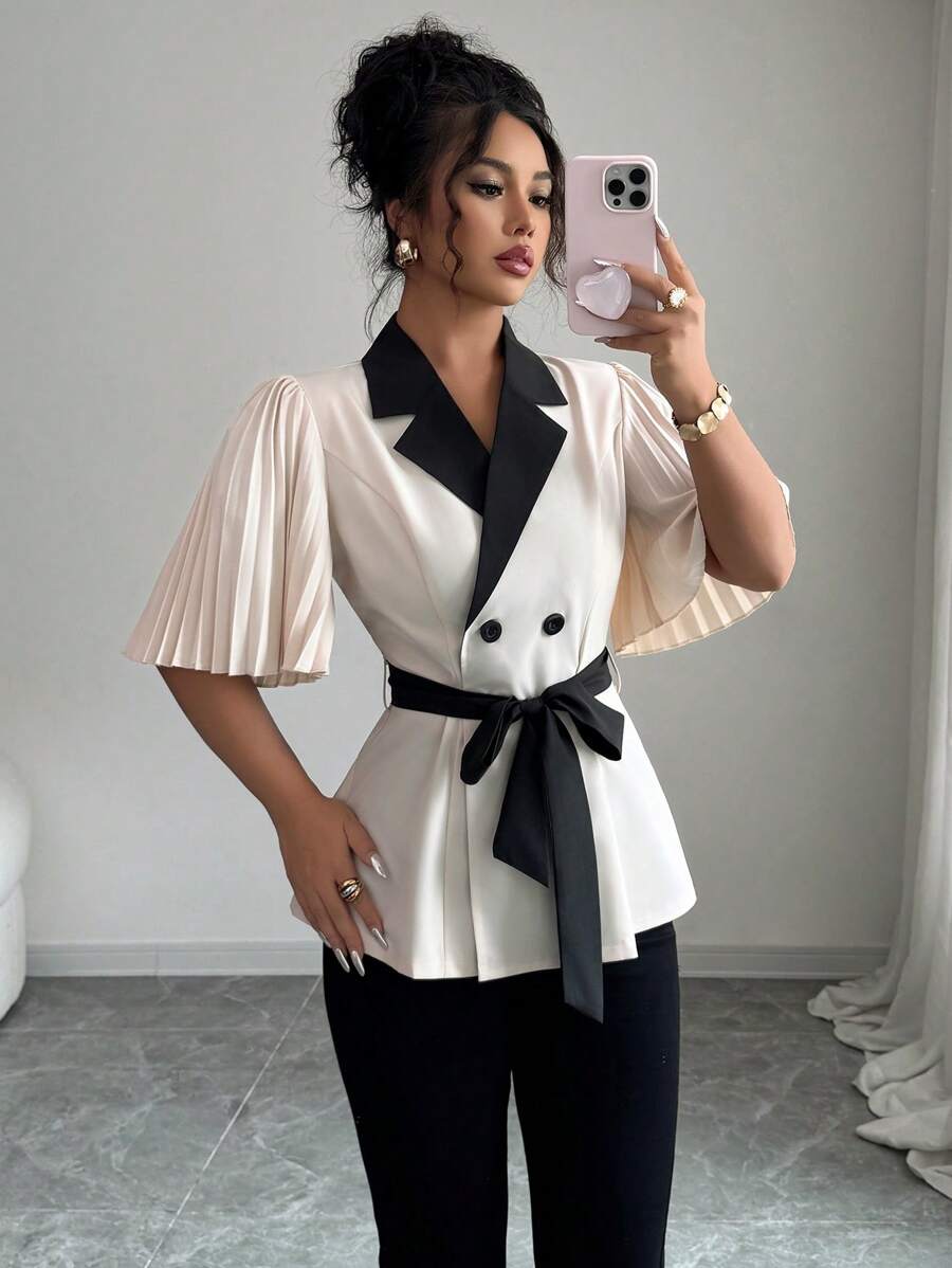 Elenzga V-Neck Contrast Color, Pleated Lantern Sleeve, Elegant French Vacation & Office Wear Shirt With Double-Breasted Buttons, Tie Waist Design To Slim Figure, New Summer Short Sleeve For Dating - Apricot - View 1