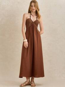 Écloséra Elegant French Retro Halter Neck Wear Rope Beads Knitted Splicing Woven Slim Fit Rust Brown Spring And Summer Ladies Summer Dress