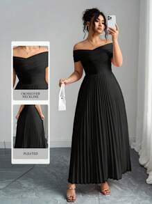 SHEIN PETITE 加大码黑色褶皱露肩褶皱设计露肩生日礼服，夏季女士服装，优雅正式婚礼宾客礼服