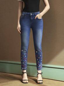 SHEIN BAE 女士牛仔裤，Selenza 十二生肖系列 - 五月诞生石：祖母绿，工艺系列，优雅通勤与休闲，高贵，健康，治愈，鼓舞人心，团结和同理心 - 藍色 - 查看 3