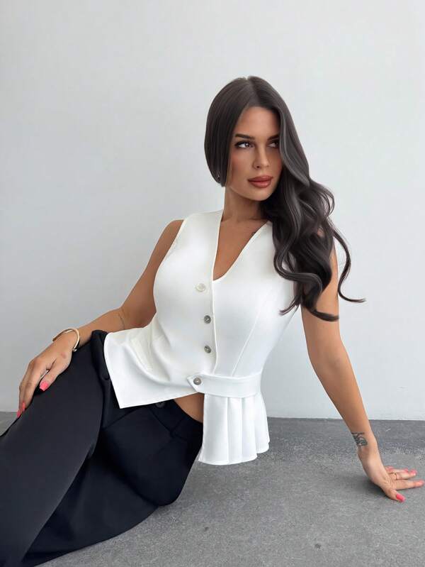 Firerie Women's Elegant Business Commuting  Linen Feel Fashion New Fashion Minimalist Chic Apricot  Linen Feel Office Casual Commuter White Linen High-Grade Deep V-Neck Waist Slim Fit Short Asymmetrical Pleanted Hem Suit Top  Blazer Jacket/4th Of July /Airport Outfit Cream Yellow For Women /Linen Clothing/Professional Women Clothes/Teacher Outfits