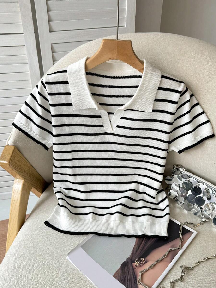 DAZY Women Collared Striped Pullover Short Sleeve Sweater - White - View 1