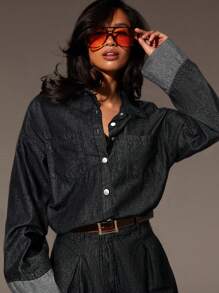 Athîral 女式休闲时尚纽扣口袋长袖牛仔连体裤 - 黑色 - 查看 2