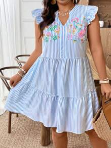 Weeklong Plus Size Women Striped & Floral Print Elegant Sweet Casual Commute V-Neck Ruffle Dress, Spring Dress - Blue and White - View 6
