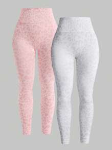 Easithlete 2pcs Leopard Print High Waist Seamless Elastic Sports Leggings Yoga Women Pants - Multicolor - View 2