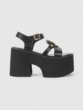Grunge Punk Sandali con cinturino alla caviglia da donna con suola platform, stile casual estivo punk, sexy, con borchie metalliche e fibbia, scarpe slip-on con fascia elastica
