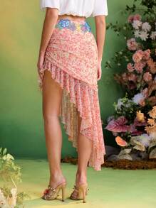 Frida Kahlo X SHEIN X Designer The Perfect Party Floral Print Asymmetrical Ruffles Mesh Skirt For Women Summer Vacation Holiday Beach
