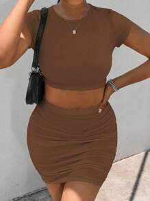 Zolique 2 件套女士夏季简约纯色修身短款 T 恤和褶皱迷你裙 - 巧克力棕 - 查看 7