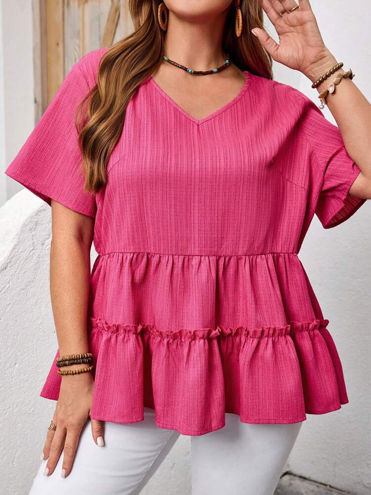 Plus Size Women V-Neck Texture Ruffled Hem Holiday Blouse,Spring Summer, Gifts For Mother,Holiday,Vacation,Simple And Fashionable For Everyday Wear,Vacay Vibes,Springbreak,Casual Wear,Bohemia