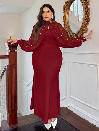 SHEIN Privé 珍珠吊带连衣裙-白色情人节长款斗篷罩衫白色浪漫婚礼季美人鱼超长连衣裙