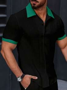 Manfinity Homme Men's Casual Colorblock Short Sleeve Shirt, Summer
