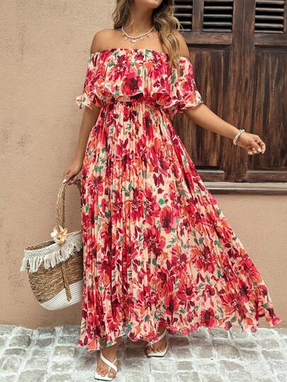 Vestido maxi con mangas abullonadas de gasa plisada, estilo romántico para vacaciones