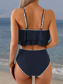 Swim Lushoire Springbreak 2pcs Set Ruffle Trim Contrast Color High Waist Triangle Swimsuit With Waist Pleat For Summer Beach Vacation