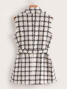 Ellevyn Plaid Pattern Raw Trim Belted Tweed Vest Overcoat In Fall/Winter - Multicolor - View 2