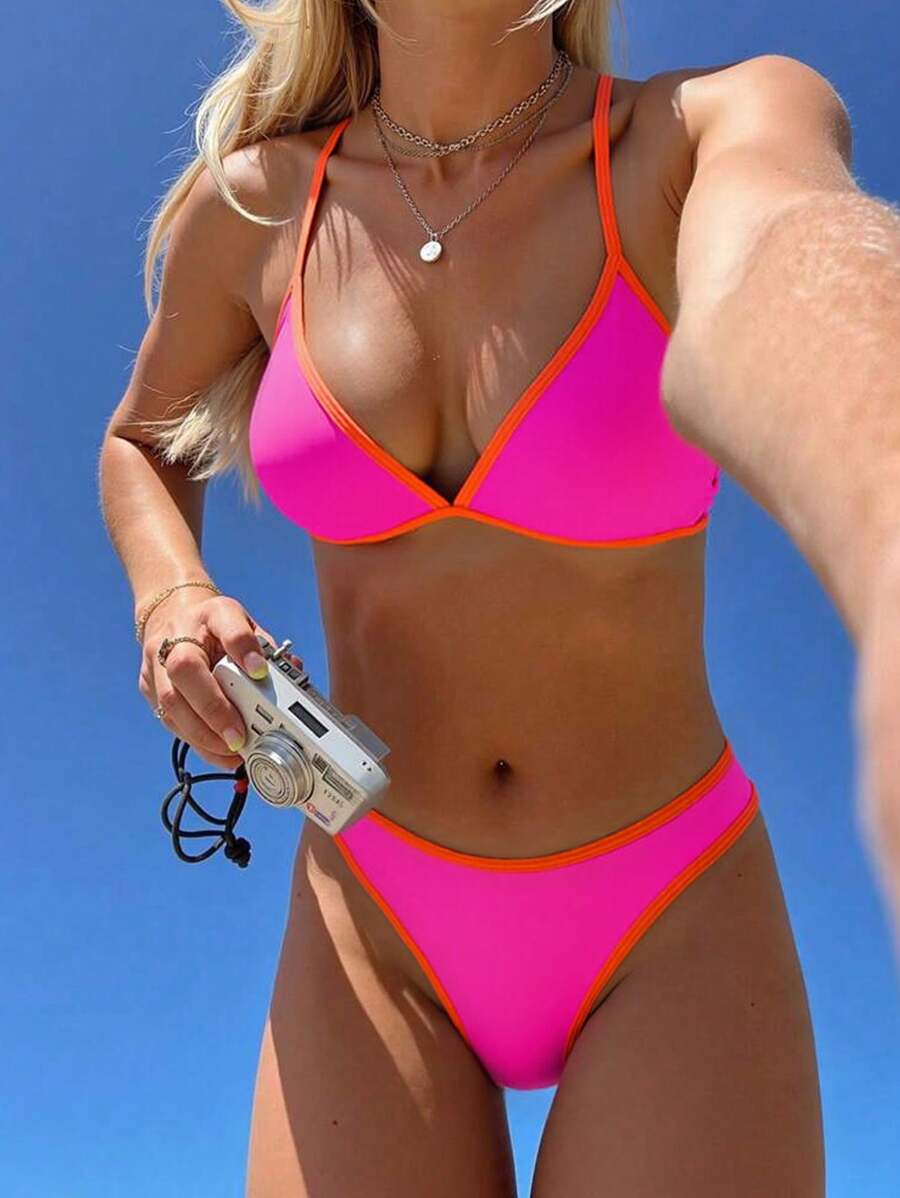 Swim Mod 夏季海滩女士拼色简约日常两件套比基尼套装