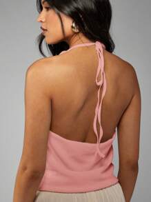 MISSGUIDED Halter Neck Sleeveless Cowl Neckline Tank Top Textured Evening Summer Spring Backless Party Casual Blouse - Baby Pink - View 2