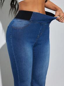 SHEIN PETITE 女士蓝色牛仔裤紧身喇叭裤舒适高弹力牛仔夏季办公室装 Siren Style - 深色水洗藍 - 查看 7