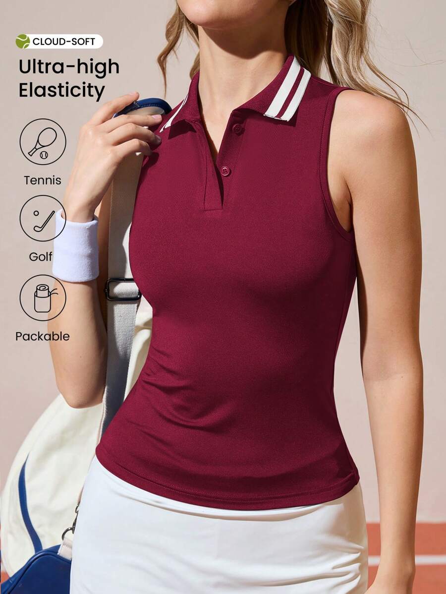 CourtClass Camisa polo sin mangas casual/deportiva a rayas para mujer, ropa de ejercicio, parte superior de entrenamiento para mujer, camisa de entrenamiento para mujer, conjunto de golf para mujer, ropa de entrenamiento para mujer - Burdeos - Ver 1