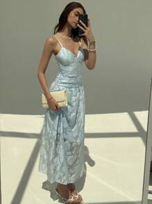 Aloruh Vestido con tirantes de espagueti romántico con pliegues texturizados para damas, apto para vacaciones/días festivos - Rosa - Ver 1