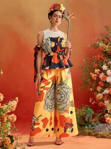 ISELACOS Frida Kahlo X SHEIN X Designer 印花夸张荷叶边插片背心，肩部系带细节，女式夏季上衣 - 彩色 - 查看 5