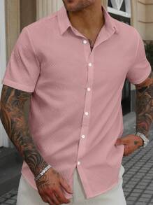 Manfinity Homme Men's Pink Checkered Summer Casual Vacation Button Up Shirt,100 Percent Cotton Textured Short Sleeve Loose Simple Button Down Shirt,Gift For Husband, Formal - Pink - View 5