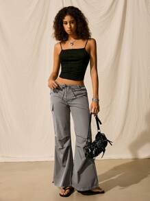 SHEIN EZwear Thắt lưng thắt nơ eo thấp & Quần ống côn - Màu xám đen - Xem 6