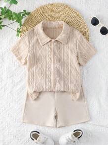 SHEIN Vintaside Kids 2 pièces Ensemble de chemise à col polo à manches courtes mode été et short de sport casual de plein air pour jeune garçon