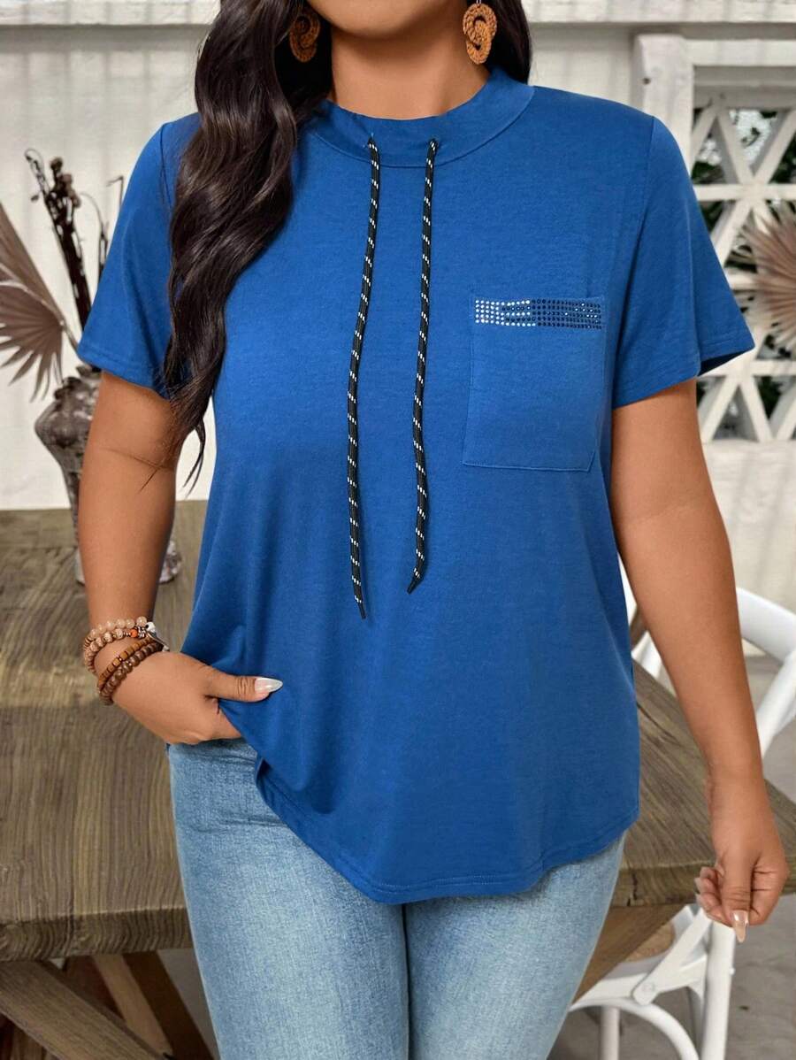 EMERY ROSE Plus Size Women Casual Sequin Decor Drawstring Short Sleeve T-Shirt Without Hood, Summer - Blue - View 1