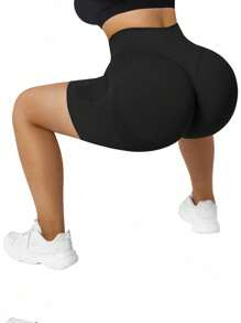 SHEIN Sport Studio Einfarbige Shorts mit hoher Taille, nahtlos, elastisch, für Sport und Training