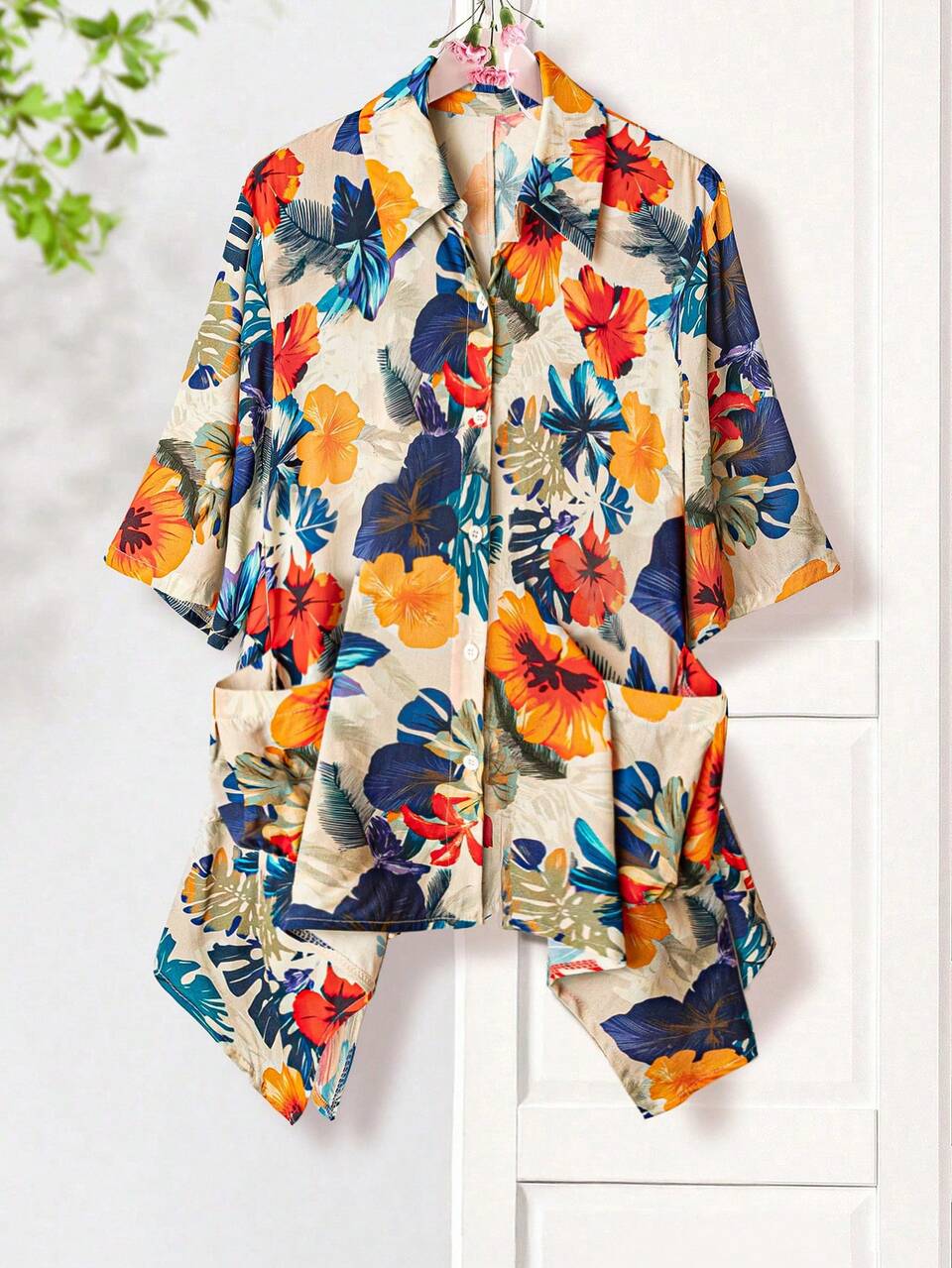 Country Vacation 1/2 Bell Sleeve Floral Print Bat Hem Shirt Collar Button Down Plus Size Shirt, Spring/Summer Fall Country Concert Country Women