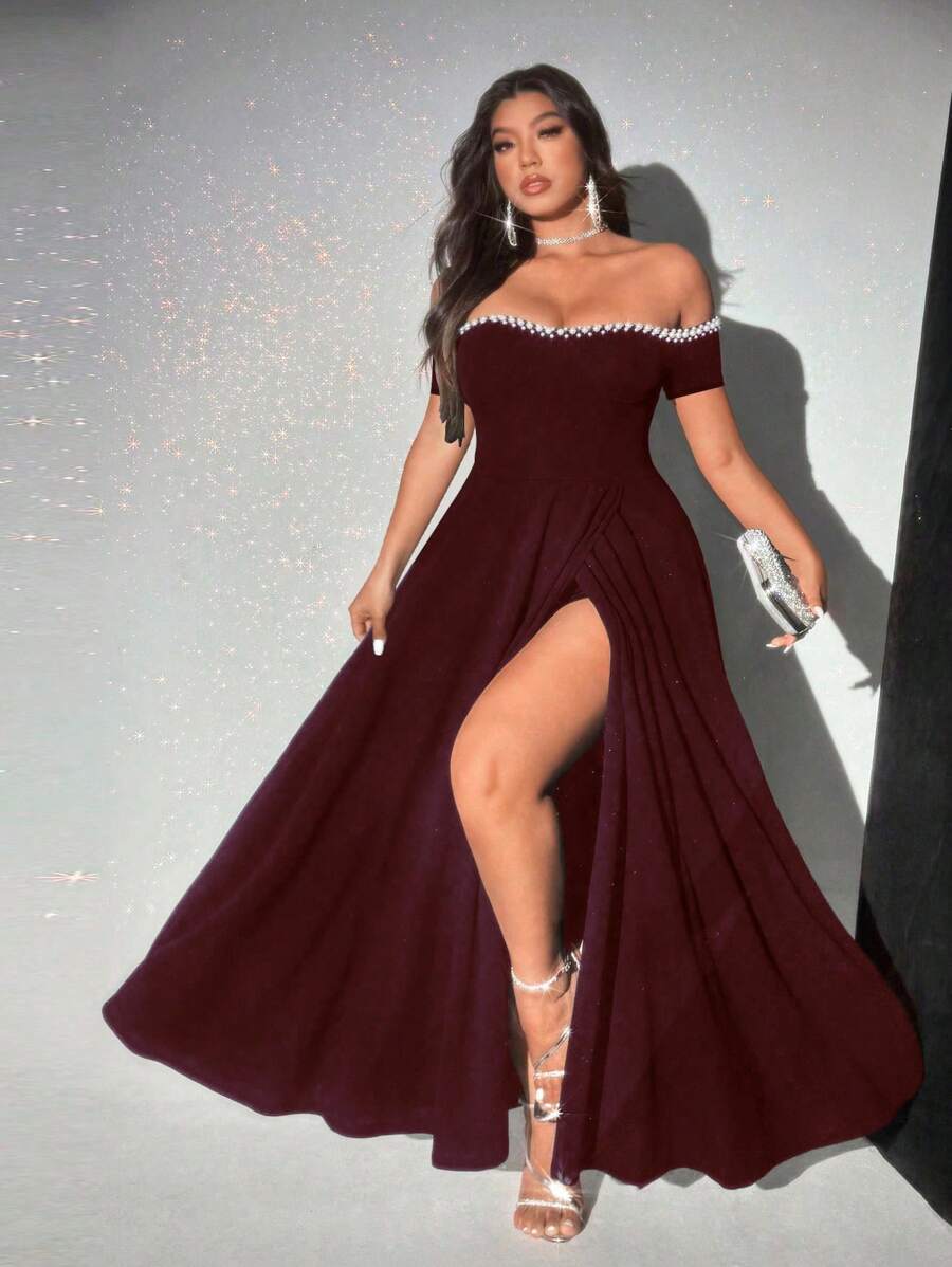 Viva Relle Đầm hở vai hở vai thanh lịch gợi cảm đính hạt cỡ lớn - Màu Đỏ Sâu - Xem 1