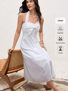 Modelyn فستان أنيق بدون أكمام بارز باللون الصلب،كاجوال - أبيض - مشاهدة 7