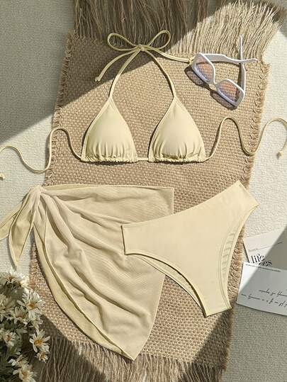 Swim Vcay 三件套纯色沙滩装，印花图案随机，夏日海滩度假