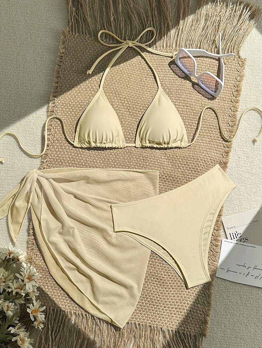 Swim Vcay 三件套纯色沙滩装，印花图案随机，夏日海滩度假 - 杏色 - 查看 1