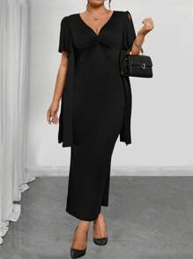 Elenzga Vestido de manga corta de unicolor y minimalista para mujer de talla grande - Negro - Ver 3