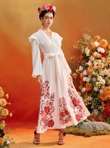 Oxana Frida Kahlo X SHEIN X Designer فستان أنيق طويل للسيدات بخصر واسع، طبعات بيضاء، أكمام منتفخة، ياقة لفافة - متعدد الألوان - مشاهدة 8