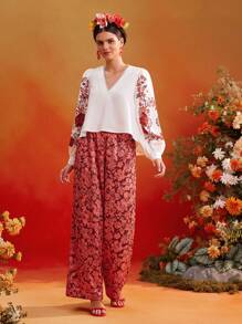 Oxana Frida Kahlo X SHEIN X Designer 花卉印花荷叶边松紧腰阔腿裤女夏季度假休闲 - 彩色 - 查看 4
