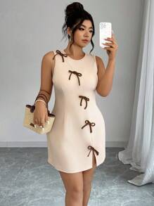 Elenzga 夏季加大码优雅蝴蝶结装饰无袖连衣裙 - 杏色 - 查看 5