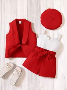 SHEIN 2pcs/Set Baby Girl Solid Color Knit Cardigan And Knit Jumpsuit Set With Hat - Red - View 2