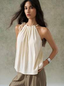 LYSMO 女士荷叶边系带宽松背心 - 2025 春夏新品 - 卡其色 - 查看 8