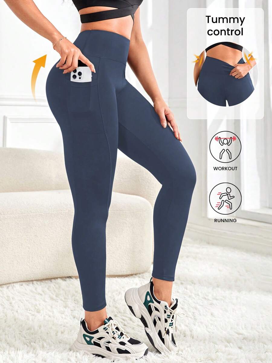 Easithlete Easithlete 高腰瑜伽紧身裤,带口袋,收腹运动跑步瑜伽紧身裤,女士 - 霧霾藍 - 查看 1