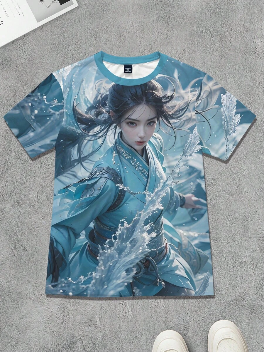Manfinity Hypemode Refreshing Blue-Toned Ancient Style Heroine Graphic Men Short Sleeve T-Shirt - Multicolor - View 1