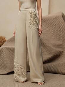 Anewsta Quần xếp ly thời trang hiện đại đính ngọc trai cho nữ có túi thanh lịch - Kem - Xem 6