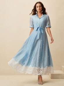 Anewsta 女式透明不对称下摆长裙，镂空短袖设计 - 藍色 - 查看 3