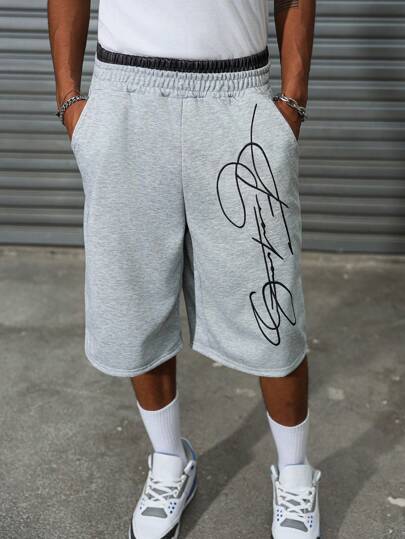 Manfinity EMRG Men's 2-In-1 Waistband Patchwork Embroidered Casual Basketball Shorts, Summer, Men Graphic Shorts