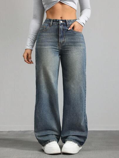 SHEIN ICON Plus Size Casual Daily Use Button-Back Elastic Waist Straight Jeans