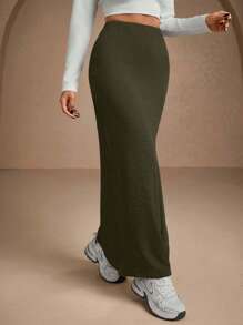 EURMUSE Women Solid Color Slit Detailed Tube Skirt - Army Green - View 5