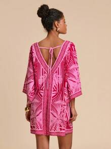 Travachic Vestido midi con estampado floral de estilo bohemio, escote en V y espalda abierta, manga de campana, adecuado para vacaciones y salidas - Multicolor - Ver 2