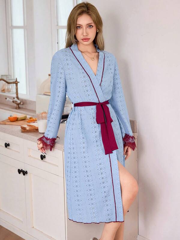 Dream Adore Color-Block Lace Patchwork Women Casual Open Front Tied Jacquard Robe